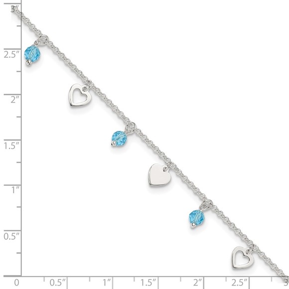 925 Sterling Silver 9" Heart Charm and Blue Glass Plus1" ext. Jewelry Anklet - Picture 7 of 8